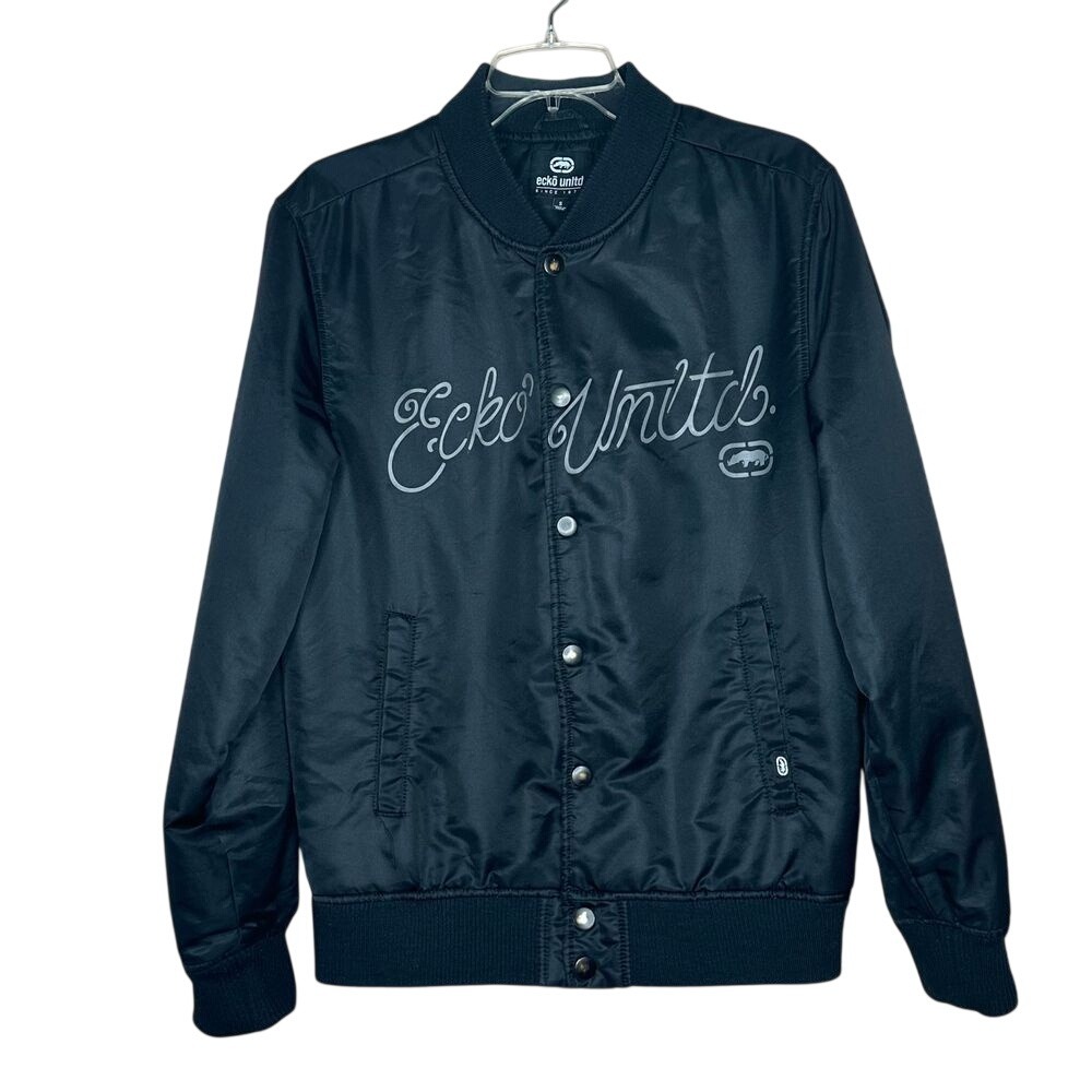 Ecko Unltd Mens Black Bomber Jacket Script Logo Rhino Snap Front Streetwear S